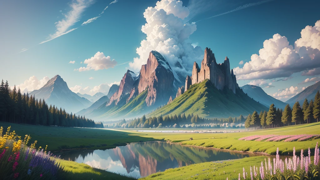 ((masterpiece, best quality, Movie, Reality, Extremely detailed)), A field full of colors, Energetic, and various flowering plants, The background should have a clear, Endless blue sky, There are majestic mountains on the horizon and trees in the distance, more than, Fluffy clouds add a touch of drama to the scene, In the foreground, A clear river meanders through the fields, Reflecting the beauty of plants and the vastness of the sky