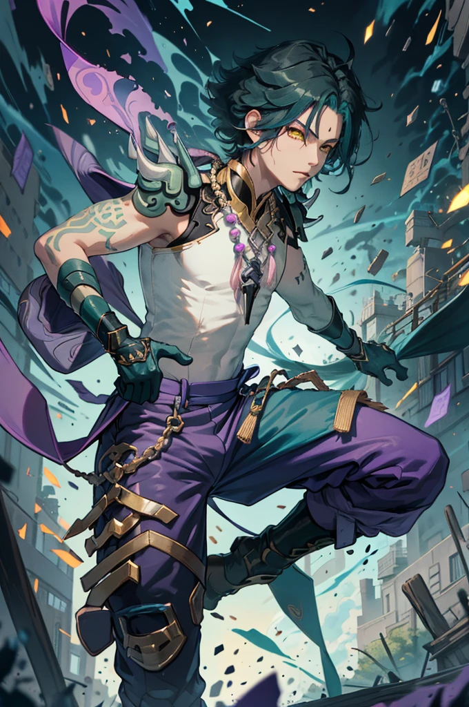 1 adult male solo,xiao \(genshin impact\), 1boy, male focus, short dark teal hair, yellow eyes, white sleeveless shirt, necklace, green tattoo on arm, detached white sleeve, black gloves, wide blue pants, black boots, pink and purple clothes details, black shoulder armor with spikes,