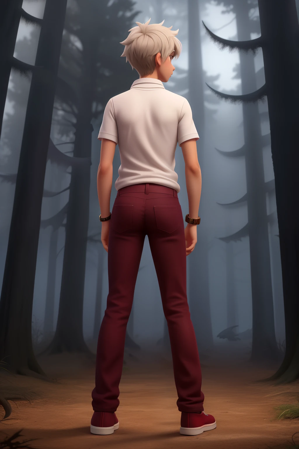 Soul Eater Evans in loose burgundy jeans pants from behind, Sexy pose, Bent forward, Looks annoyed, Teen, Young, White messy hair, Red eyes, Shark teeth, Tan skin, Slender body, Round butt,  butt, Young Boy,  Boy, 1 Boy, Solo, In a dark foggy forest late at night, Foggy, Scary, Spooky, Horror, Ultra-detailed, Best quality, Ultra-realistic, High quality