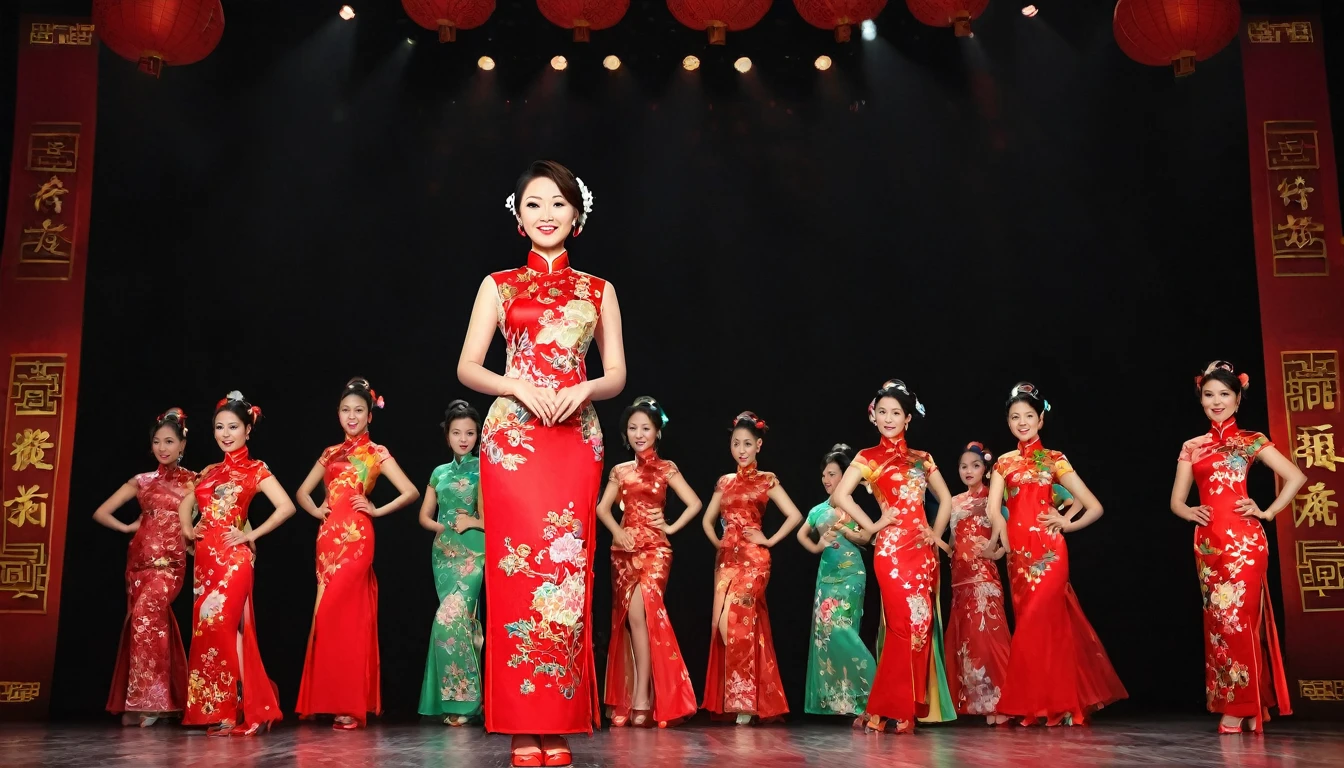 A cheongsam show performed by many Chinese women on stage。(RAW photos,Best quality),(reality,照⽚reality感:1.3),masterpiece,Extremely exquisite and beautiful,High resolution,Original,Perfect lighting,(Extremely detailed CG:1.2),Unification,2k wallpaper,Amazing,Fine details