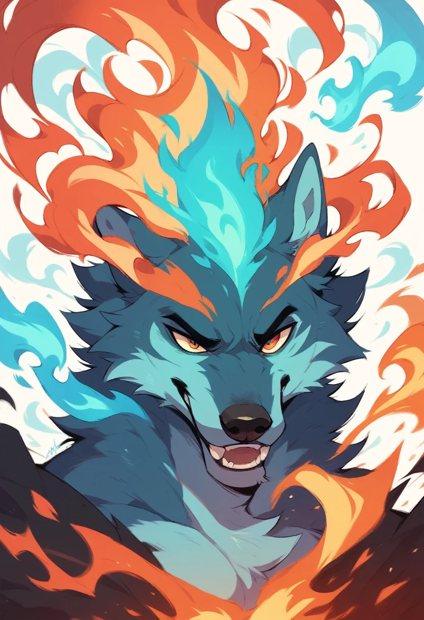 Create a detailed image of a wolf with blue fur. The wolf must be enveloped in flames that are also blue, as if your body was imbued with blue fire. The flames should look natural and blend harmoniously with the wolf&#39;s coat.. The wolf&#39;s expression must be fierce and imposing, with bright eyes that highlight your powerful nature. The background of the image should be a dark backdrop to contrast with the brightness of the blue flames..
