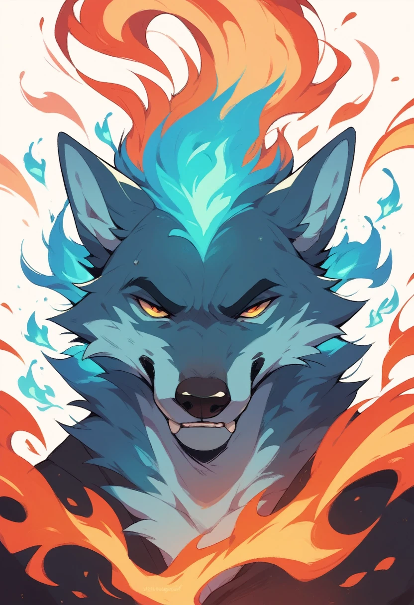 Create a detailed image of a wolf with blue fur. The wolf must be enveloped in flames that are also blue, as if your body was imbued with blue fire. The flames should look natural and blend harmoniously with the wolf&#39;s coat.. The wolf&#39;s expression must be fierce and imposing, with bright eyes that highlight your powerful nature. The background of the image should be a dark backdrop to contrast with the brightness of the blue flames..
