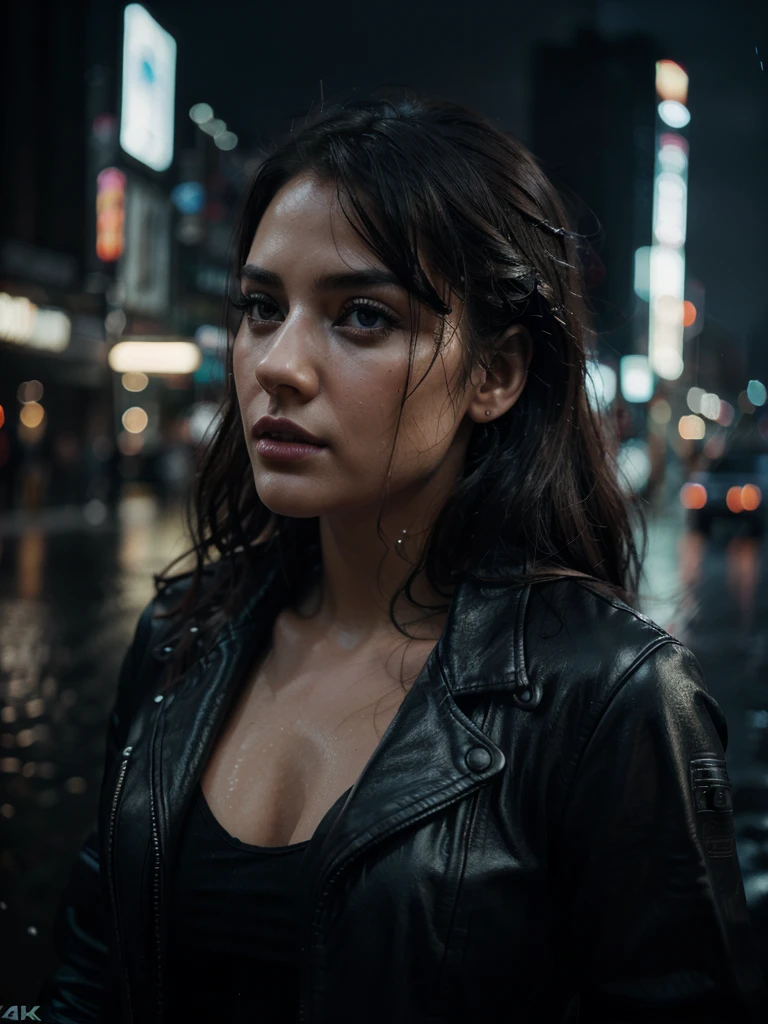 beautiful woman on a motorcycle, in profile, at night, with rain, 1girl, extremely detailed face and eyes, beautiful detailed lips, long eyelashes, leather jacket, water splashes, neon city lights, moody atmosphere, cinematic lighting, dramatic shadows, gloomy, dark, cyberpunk, sci-fi, (best quality,4k,8k,highres,masterpiece:1.2),ultra-detailed,(realistic,photorealistic,photo-realistic:1.37)