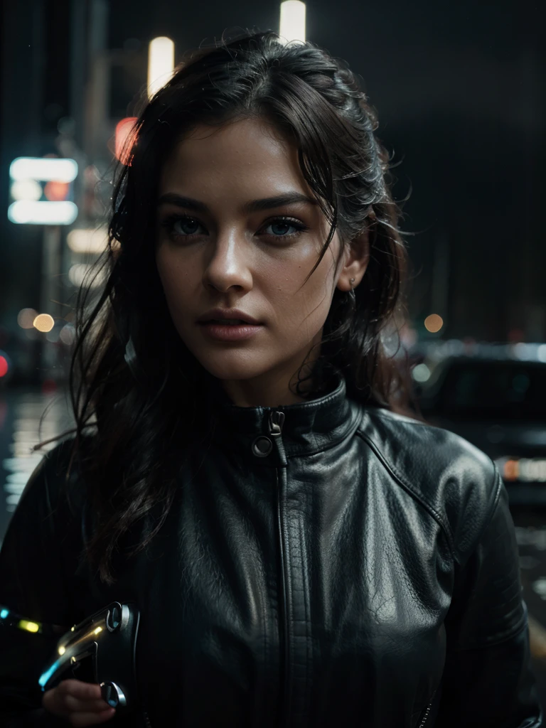 beautiful woman on a motorcycle, in profile, at night, with rain, 1girl, extremely detailed face and eyes, beautiful detailed lips, long eyelashes, leather jacket, water splashes, neon city lights, moody atmosphere, cinematic lighting, dramatic shadows, gloomy, dark, cyberpunk, sci-fi, (best quality,4k,8k,highres,masterpiece:1.2),ultra-detailed,(realistic,photorealistic,photo-realistic:1.37)