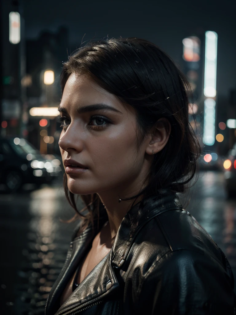 beautiful woman on a motorcycle, in profile, at night, with rain, 1girl, extremely detailed face and eyes, beautiful detailed lips, long eyelashes, leather jacket, water splashes, neon city lights, moody atmosphere, cinematic lighting, dramatic shadows, gloomy, dark, cyberpunk, sci-fi, (best quality,4k,8k,highres,masterpiece:1.2),ultra-detailed,(realistic,photorealistic,photo-realistic:1.37)
