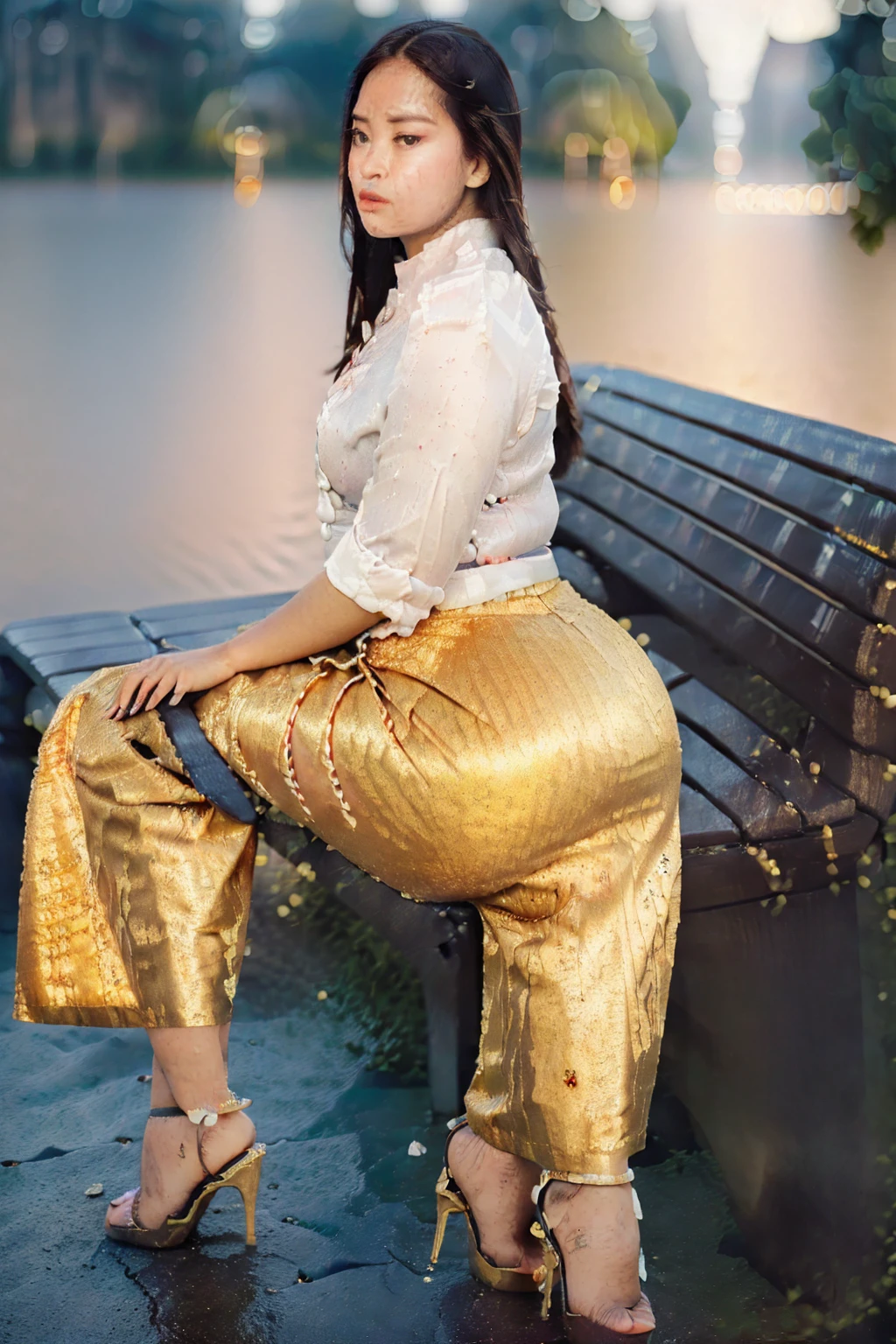 arafed asian woman, (((full body view:2))), (((buttock face to camera:2))), ((((pretty lady MoonLay)))), ((pretty lady MoonLay's seductive face and cute small smile:1.3)), (((looking to the lake:2))), ((((extreme seductive sitting on the bench pose for photography:1.8)), (((pouted buttock:1.7))), ((((she face towards the lake:2)))), ((((white stone minimalistic sleek bench)))), ((wearing Myanmar traditional elegant and stylish affair:1.2)), ((super curvy and wide buttock)), ((white shirt:1.6)), ((red satin skirt:1.6)), ((blue sandal high heel:1.3)), south east asian with square face, traditional beauty, beautiful asian girl, anime thai girl, a young beautiful asian woman, (((photorealistic background))), ((in a beautiful park with vast shimmering lake background:1.5)), ((cinematic star shaped bokeh background blur:1.7)), (((photorealistic cloudy evening sky with golden sunlight:1.5))), ((lake surface reflect evening golden sunlight:1.2)), (cinematic enhance HDR portrait glow lighting))), perfect anatomy, cannon mark v, DSLR quality, (perfect anatomy), (perfect toes), (perfect hands), (realistic sitting pose), ((((no objects in front of her))))