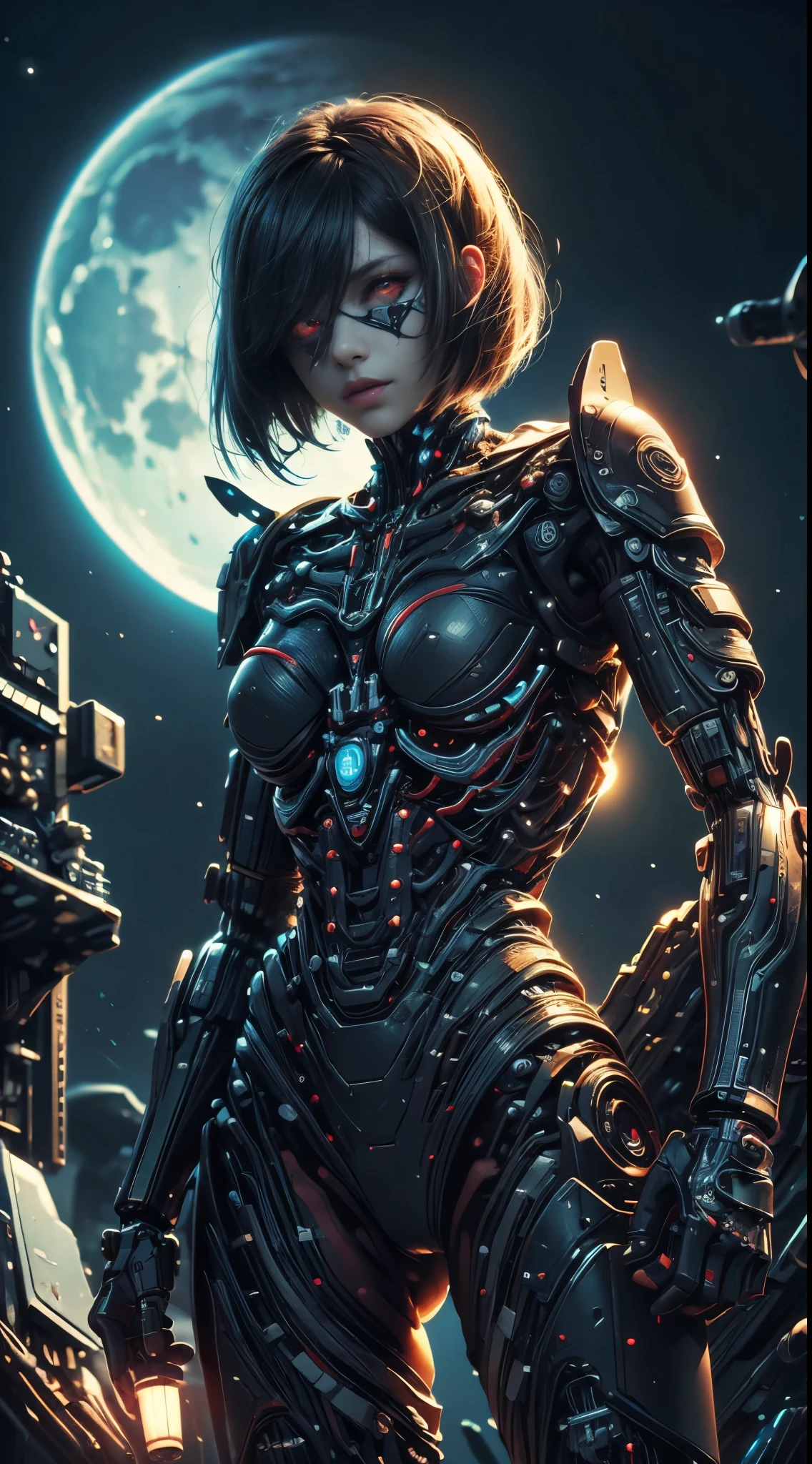 Realistic, perfect masterpiece, high quality, high resolution, highest image quality, 8k hd. 1girl, black bobcut hair, red eyes, glowing eyes, . Cybernetic suit, masks. Night, moon, destuction on the background. Highly detailed background