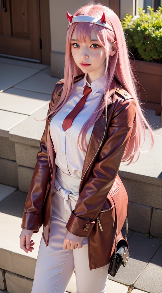zero two from the anime darling in the franxx, woman, beautiful woman, perfect body, perfect breasts, very beautiful, long hair, pink hair, wearing a red uniform, yellow tie, black pants, white shoes, blue eyes, red spots wearing a headband red-horned, smiling, looking at the audience, standing, realism, masterpiece, textured leather, super detailed, high detail, high quality, best quality, 1080p, 16k