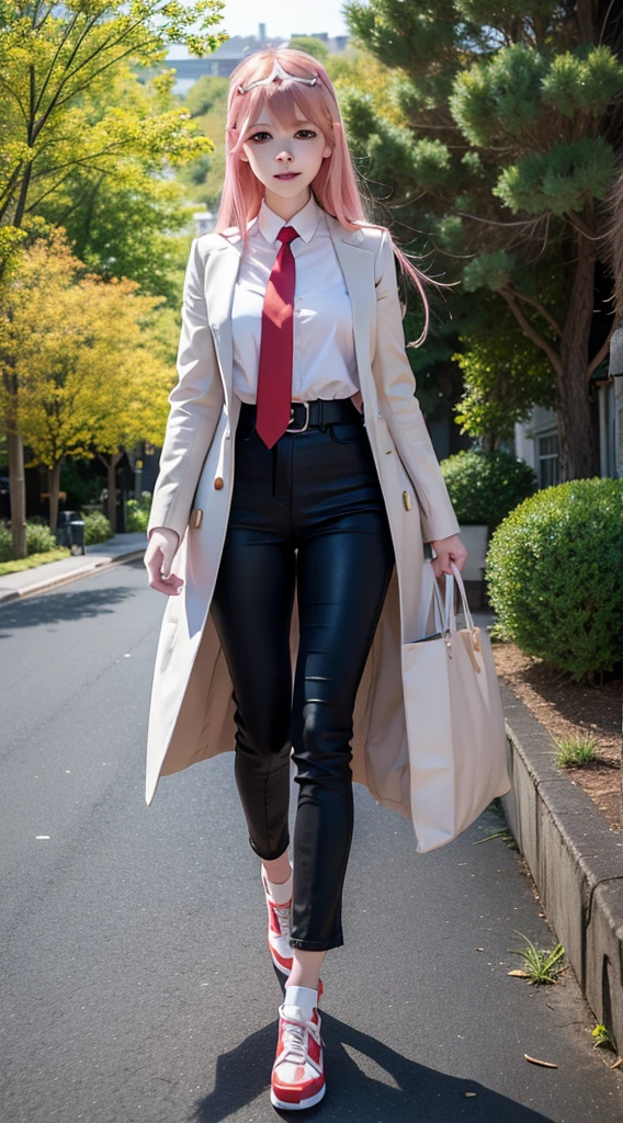zero two from the anime darling in the franxx, woman, beautiful woman, perfect body, perfect breasts, very beautiful, long hair, pink hair, wearing a red uniform, yellow tie, black pants, white shoes, blue eyes, red spots wearing a headband red-horned, smiling, looking at the audience, standing, realism, masterpiece, textured leather, super detailed, high detail, high quality, best quality, 1080p, 16k