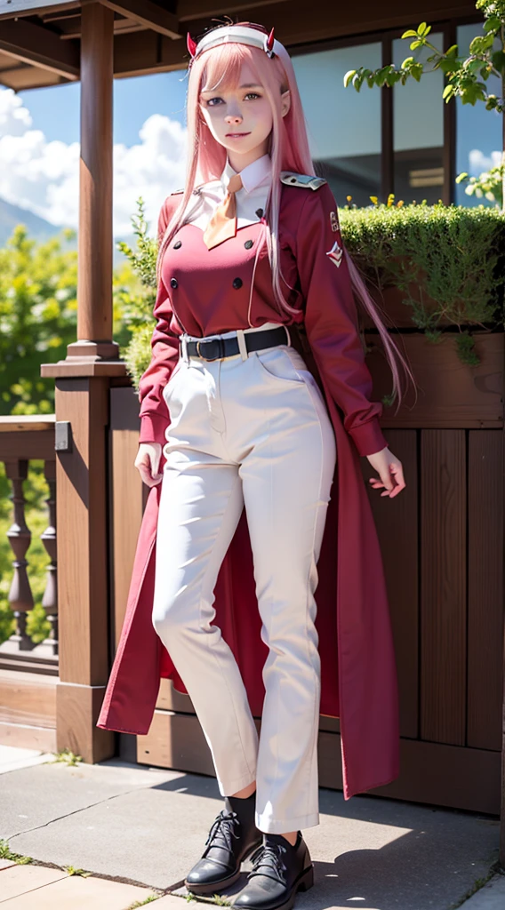 zero two from the anime darling in the franxx, woman, beautiful woman, perfect body, perfect breasts, very beautiful, long hair, pink hair, wearing a red uniform, yellow tie, black pants, white shoes, blue eyes, red spots wearing a headband red-horned, smiling, looking at the audience, standing, realism, masterpiece, textured leather, super detailed, high detail, high quality, best quality, 1080p, 16k