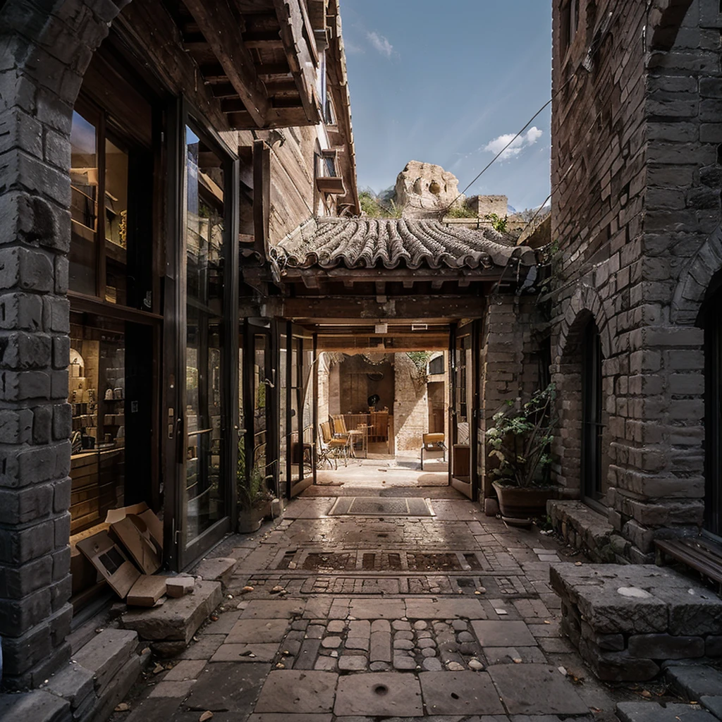 anciant rome forum building build in the rocks on the mountain with modern architecture details, dark gray colors of buildings modern details