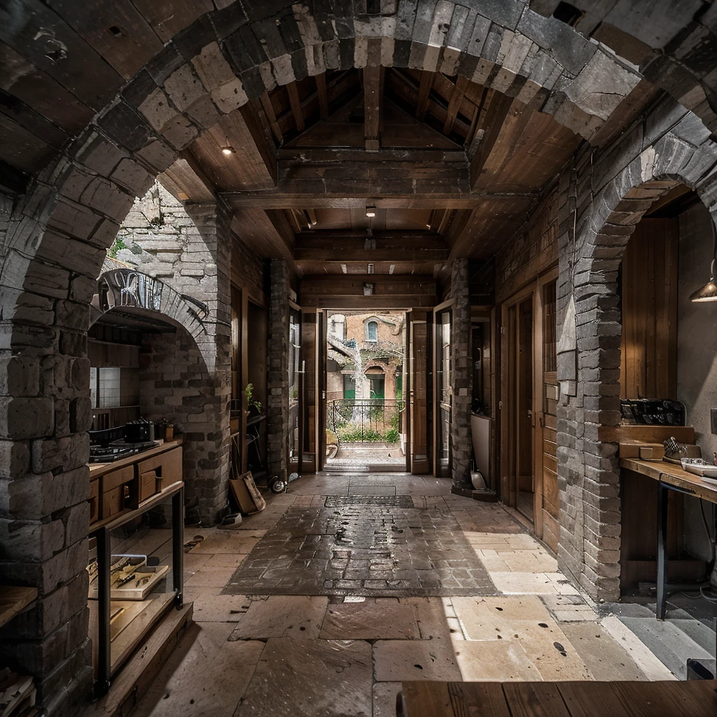 anciant rome forum building build in the rocks on the mountain with modern architecture details, dark gray colors of buildings modern details