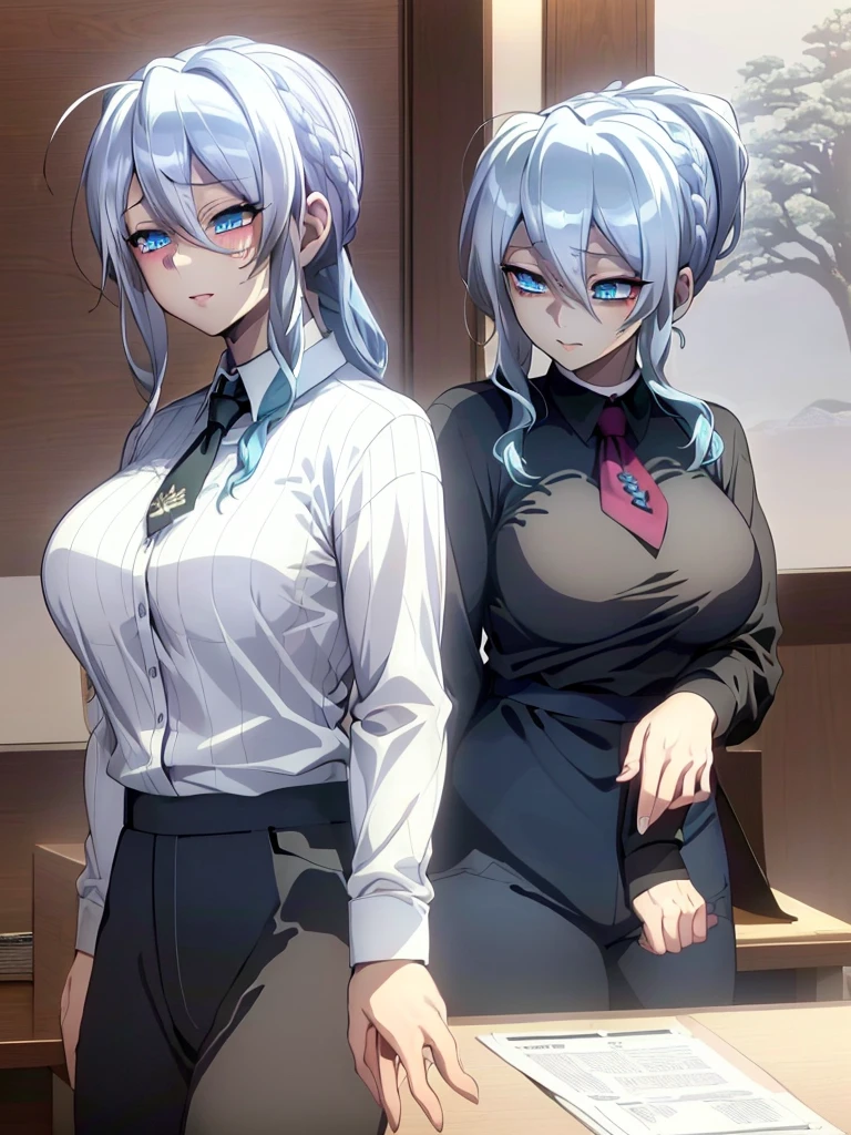((masterpiece)), (best quality), beautiful, extremely detailed face, perfect lighting,ultra-detailed,((expressionless)),((cold attitude)),((tsurime)),((tareme)),breasts,((Mature female)),((yukino, long hair, smile, bangs, (big breasts:1.2), braid, silver hair, braided ponytail, blue eyes, ringed eyes,
shirt, long sleeves, white shirt, necktie, collared shirt, pants, black pants, formal, suit, black necktie, shirt tucked in, office lady, full body