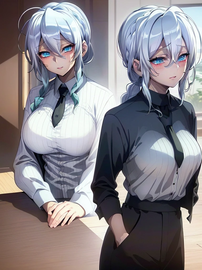 ((masterpiece)), (best quality), beautiful, extremely detailed face, perfect lighting,ultra-detailed,((expressionless)),((cold attitude)),((tsurime)),((tareme)),,((Mature )),((yukino, long hair, smile, bangs, (big breasts:1 silver hair, braided ponytail, blue eyes, ringed eyes,
shirt, long sleeves, white shirt, necktie, collared shirt, pants, black pants, formal, suit, black necktie, shirt tucked in, office lady, full body