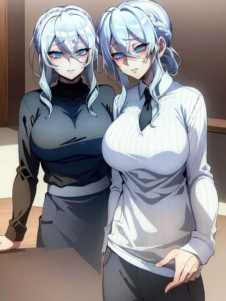 ((masterpiece)), (best quality), beautiful, extremely detailed face, perfect lighting,ultra-detailed,((expressionless)),((cold attitude)),((tsurime)),((tareme)),breasts,((Mature female)),((yukino, long hair, smile, bangs, (big breasts:1.2), braid, silver hair, braided ponytail, blue eyes, ringed eyes,
shirt, long sleeves, white shirt, necktie, collared shirt, pants, black pants, formal, suit, black necktie, shirt tucked in, office lady, full body