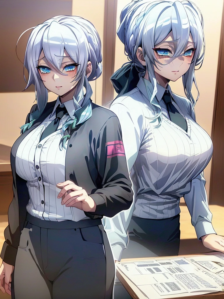 ((masterpiece)), (best quality), beautiful, extremely detailed face, perfect lighting,ultra-detailed,((expressionless)),((cold attitude)),((tsurime)),((tareme)),breasts,((Mature female)),((yukino, long hair, smile, bangs, (big breasts:1.2), braid, silver hair, braided ponytail, blue eyes, ringed eyes,
shirt, long sleeves, white shirt, necktie, collared shirt, pants, black pants, formal, suit, black necktie, shirt tucked in, office lady, full body