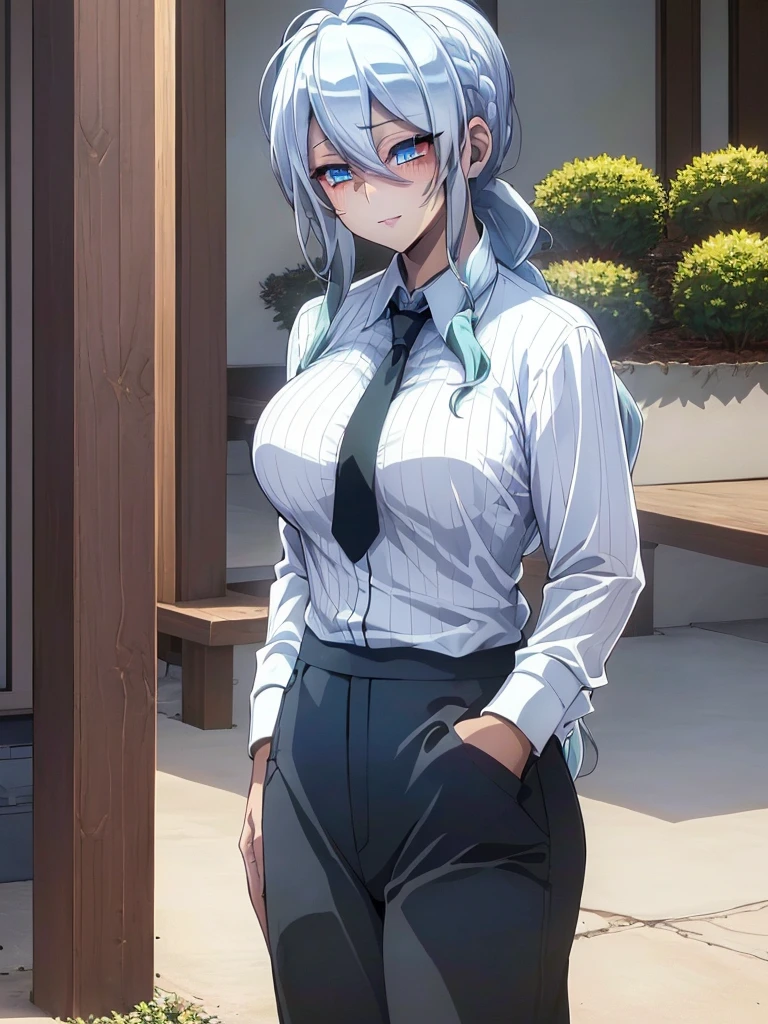 ((masterpiece)), (best quality), beautiful, extremely detailed face, perfect lighting,ultra-detailed,((expressionless)),((cold attitude)),((tsurime)),((tareme)),breasts,((Mature female)),((yukino, long hair, smile, bangs, (:1.2), braid, silver hair, braided ponytail, blue eyes, ringed eyes,
shirt, long sleeves, white shirt, necktie, collared shirt, pants, black pants, formal, suit, black necktie, shirt tucked in, office lady, full body