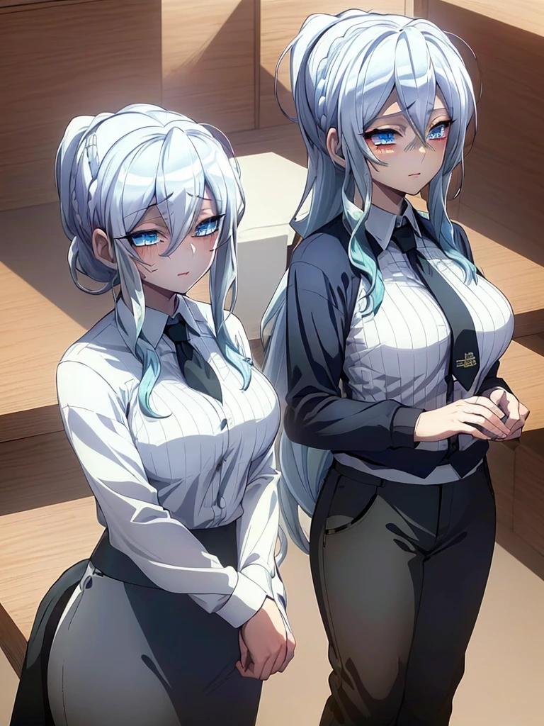 ((masterpiece)), (best quality), beautiful, extremely detailed face, perfect lighting,ultra-detailed,((expressionless)),((cold attitude)),((tsurime)),((tareme)),breasts,((Mature female)),((yukino, long hair, smile, bangs, (big breasts:1.2), braid, silver hair, braided ponytail, blue eyes, ringed eyes,
shirt, long sleeves, white shirt, necktie, collared shirt, pants, black pants, formal, suit, black necktie, shirt tucked in, office lady, full body