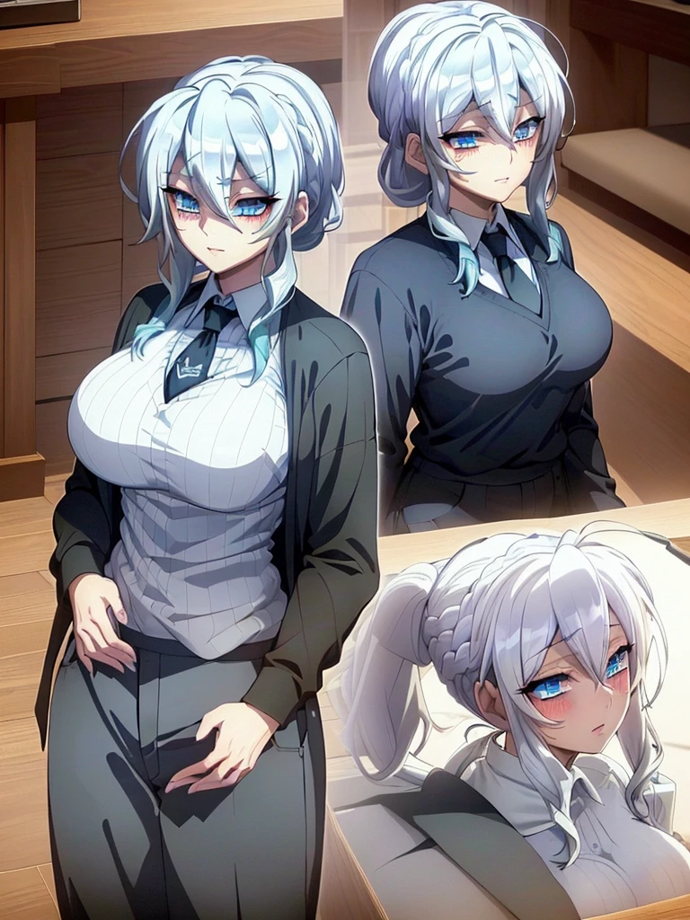 ((masterpiece)), (best quality), beautiful, extremely detailed face, perfect lighting,ultra-detailed,((expressionless)),((cold attitude)),((tsurime)),((tareme)),breasts,((Mature female)),((yukino, long hair, smile, bangs, (big breasts:1.2), braid, silver hair, braided ponytail, blue eyes, ringed eyes,
shirt, long sleeves, white shirt, necktie, collared shirt, pants, black pants, formal, suit, black necktie, shirt tucked in, office lady, full body