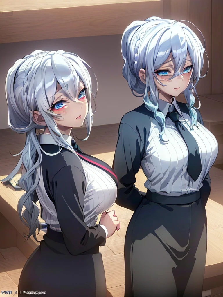 ((masterpiece)), (best quality), beautiful, extremely detailed face, perfect lighting,ultra-detailed,((expressionless)),((cold attitude)),((tsurime)),((tareme)),breasts,((Mature female)),((yukino, long hair, smile, bangs, (big breasts:1.2), braid, silver hair, braided ponytail, blue eyes, ringed eyes,
shirt, long sleeves, white shirt, necktie, collared shirt, pants, black pants, formal, suit, black necktie, shirt tucked in, office lady, full body