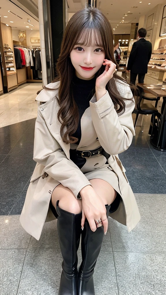 1girl、 detail, High resolution, Highest quality、Beautiful fine details, long hair, Natural color lip、Clear Skin、Shiny Hair、Tabletop, Super detailed, In detail, High resolution, 8K、Cute pose,Beautiful feet,Perfect beautiful face,KPOP idol faces,Ecstatic face、Cute face,(thigh boots:1.2)、Leather skirt、trench coat、smile、Shopping mall、Apparel Shop、bag、belt、Accentuate your breasts、I can see the valley
