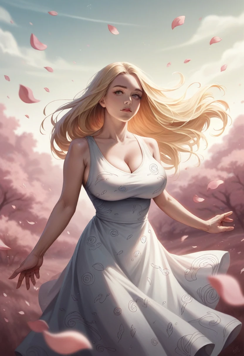 sexy woman, huge breasts, long hair, neckline, blonde hair, print dress, furizode, wind, dusk, outdoors, spring, falling petals, cherry, realism, hyperrealism, atmospheric haze, film grain, cinematic frame, shallow depth of field , high detail, high budget, moody, epic, overall detail, gorgeous, photorealistic, hidden camera, cinematic color grading, eye flare, atmospheric lighting, skin pores, imperfections, natural, fine sharpening