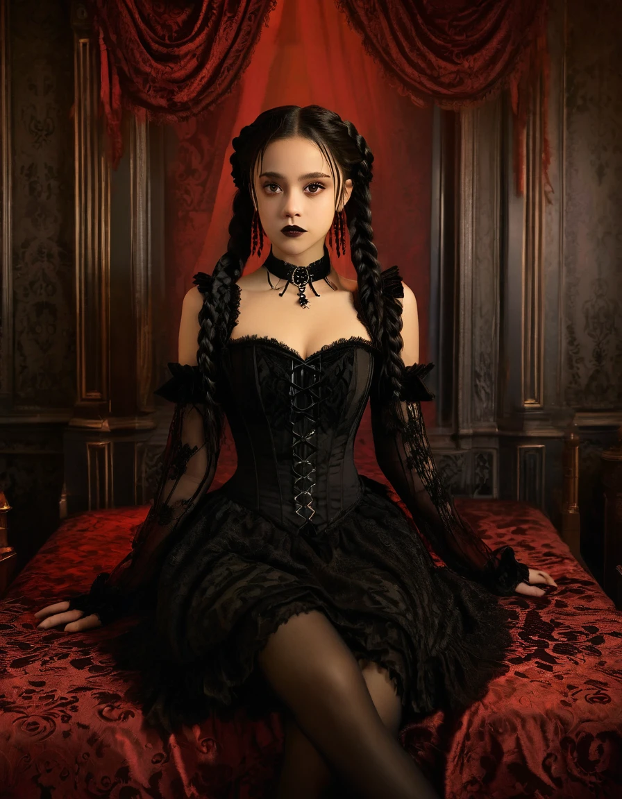 A young woman with long black hair styled in two braids and wears minimal makeup with dark eyeliner, black lipstick, sexy goth, Wednesday Addams (Jenna Ortega). Jenna Ortega as Wednesday Addams. The setting is a old Victorian bedroom with McCabe ornate decorations with a (Duotone {red and black]) silk bedspread. Painting on the wall of famous monsters taking a family photo. She is wearing black ornate fabric choker, black corset, black short feathered dress with black stockings. A peculiar, lifelike severed hand is placed on the bed next to her, adding an element of mystery. The lighting is eerie, coming from an unseen source, creating a since of mystery and intriguing atmosphere. Hyper realistic photo, vibrant colors, 16k.