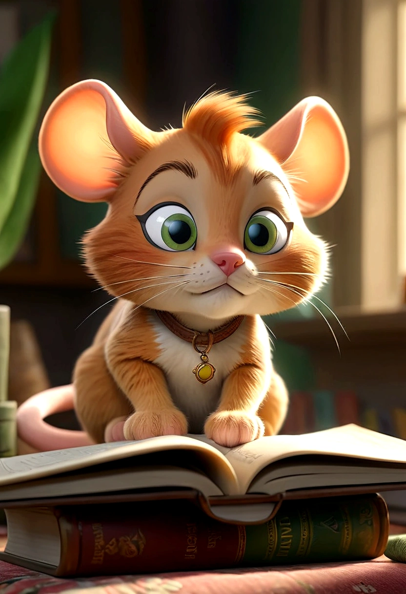 Squeaky, the small mouse with oversized ears and a twitchy nose, peeks mischievously from behind a stack of old books nearby. Whiskers, the orange tabby cat with bright green eyes, lounging lazily on a fluffy rug in a cozy living room. The room is warm and inviting, with a crackling fireplace casting a gentle glow. Sunlight streams through a nearby window, illuminating dust particles in the air. In the background, a framed painting of a serene landscape hangs on the wall, adding to the peaceful atmosphere of the scene.]
Scene opens in a quaint, cozy living room with a fireplace crackling. Whiskers, a curious orange tabby cat with big green eyes, is lazily lounging on a fluffy rug. Squeaky, a mischievous little mouse with oversized ears and a twitchy nose, peeks out from behind a stack of books.]