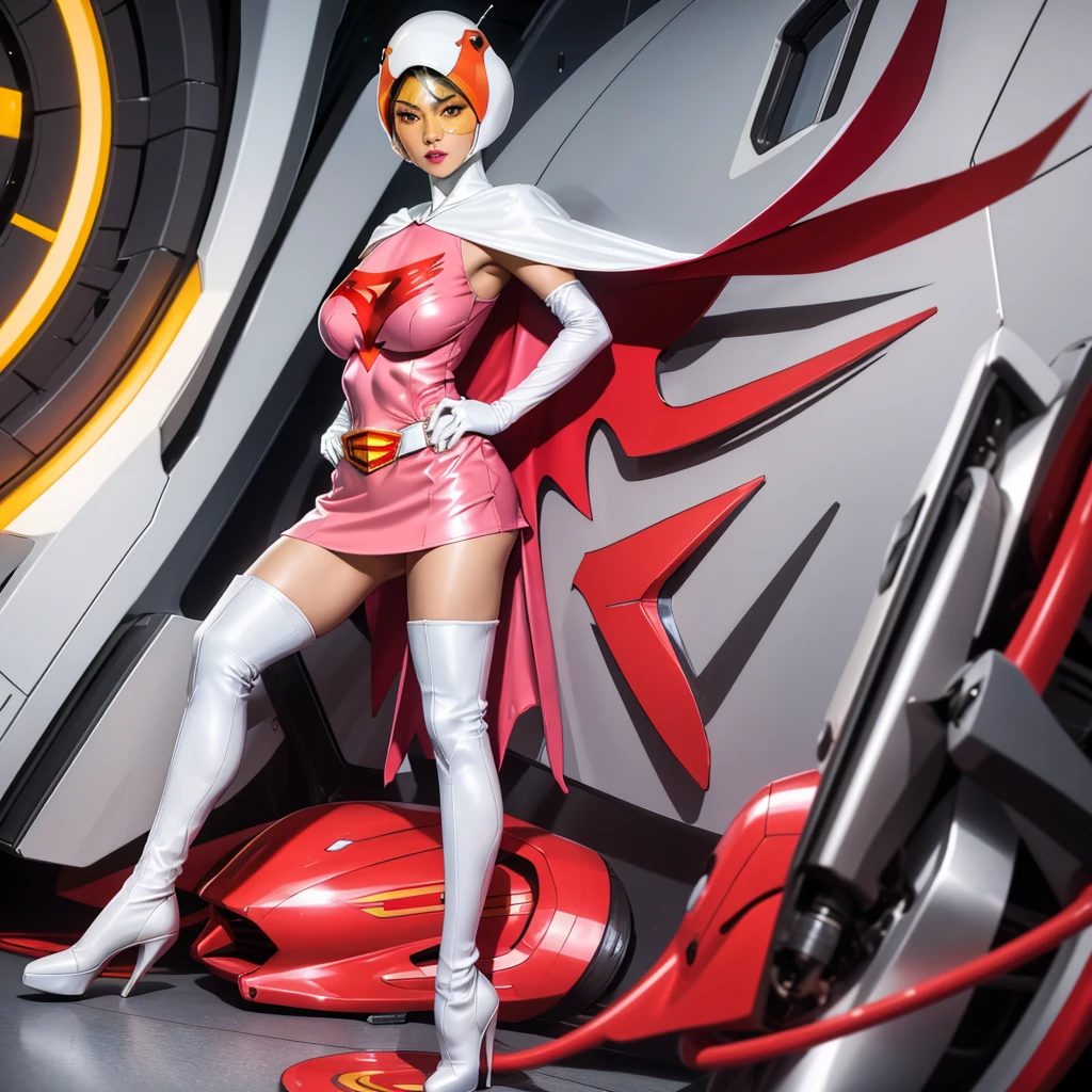 ANI_CLASSIC_jun_gatchaman_ownwaifu,1girl, 15yo,good anatomy, masterpiece, best quality,realistic, hyper realistic, 16k hdr, long hair,breasts,lips,large breasts,lipstick,makeup,gloves,cape,helmet,belt,elbow gloves,white gloves,mask,ultra miniskirt,leotard,spacesuit,white tight overknee highheels boots,pink dress,superhero,bodysuit,cleavage,erected nipples,(stand pose,hands on hip),(spread legs:1.1),cameltoe