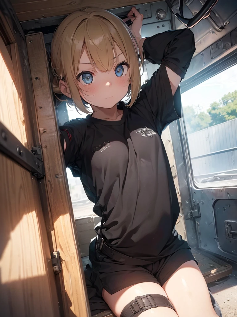 1 girl, inside an armored military vehicle, ((worried, terrified)), (worried:1.5), (terrified:1.5), tied up, fully restrained, handcuffed, (restrained:1.5), arms up, ((short sleeves, tight clothing)), (military uniform, mini shorts), perfect body, perfect face, beautiful face, detailed face, beautiful eyes, detailed eyes, perfect eyes, big thighs