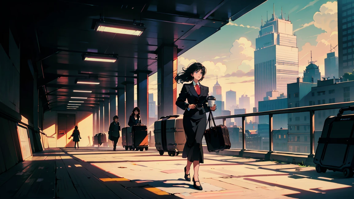 morning, Asian Woman, Hurry, Rushing to work, I have luggage, newsprint, magazine, Coffee cup,new york, skyscraper, Office Style, (Top light: 1.1), A scene from a movie, Soft Shadows, masterpiece, Highest quality, Complex, Model shooting style, Vintage, Film Grain, Wide Shot,