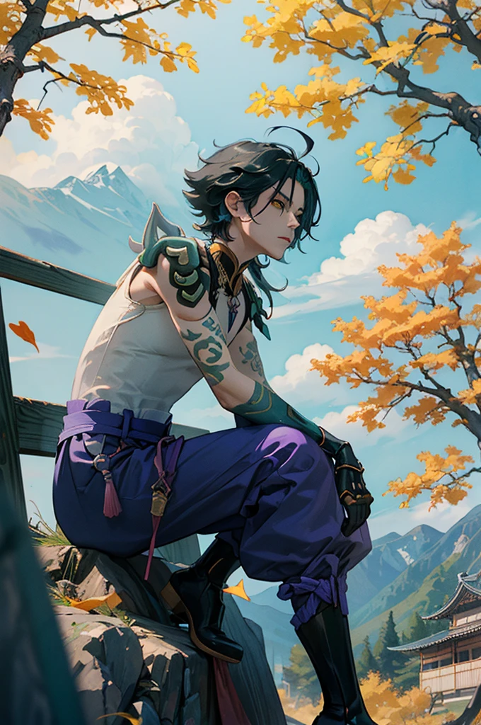 1 adult male solo,xiao \(genshin impact\), 1boy, male focus, short dark teal hair, yellow eyes, white sleeveless shirt, necklace, green tattoo on arm, detached white sleeve, black gloves, wide blue pants, black boots, pink and purple clothes details, black shoulder armor with spikes, outside, chinese mountains, yellow autumn trees, tree leaf falling, windy weather, dramatic light, movie poster style, cinematic shot, book cover, epic