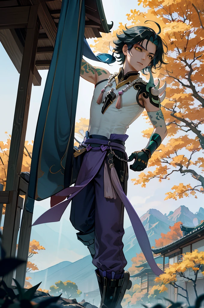 1 adult male solo,xiao \(genshin impact\), 1boy, male focus, short dark teal hair, yellow eyes, white sleeveless shirt, necklace, green tattoo on arm, detached white sleeve, black gloves, wide blue pants, black boots, pink and purple clothes details, black shoulder armor with spikes, outside, chinese mountains, yellow autumn trees, tree leaf falling, windy weather, dramatic light, movie poster style, cinematic shot, book cover, epic