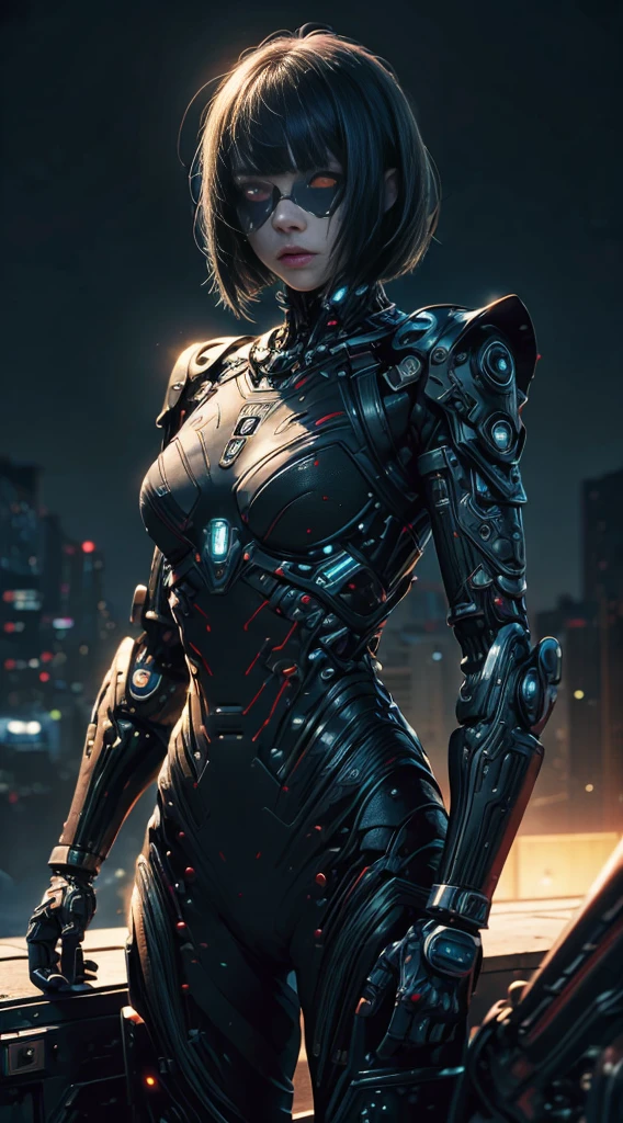 Realistic, perfect masterpiece, high quality, high resolution, highest image quality, 8k hd. 1girl, black bobcut hair, red eyes, glowing eyes, . Cybernetic suit, masks. Night, moon, destuction on the background. Highly detailed background