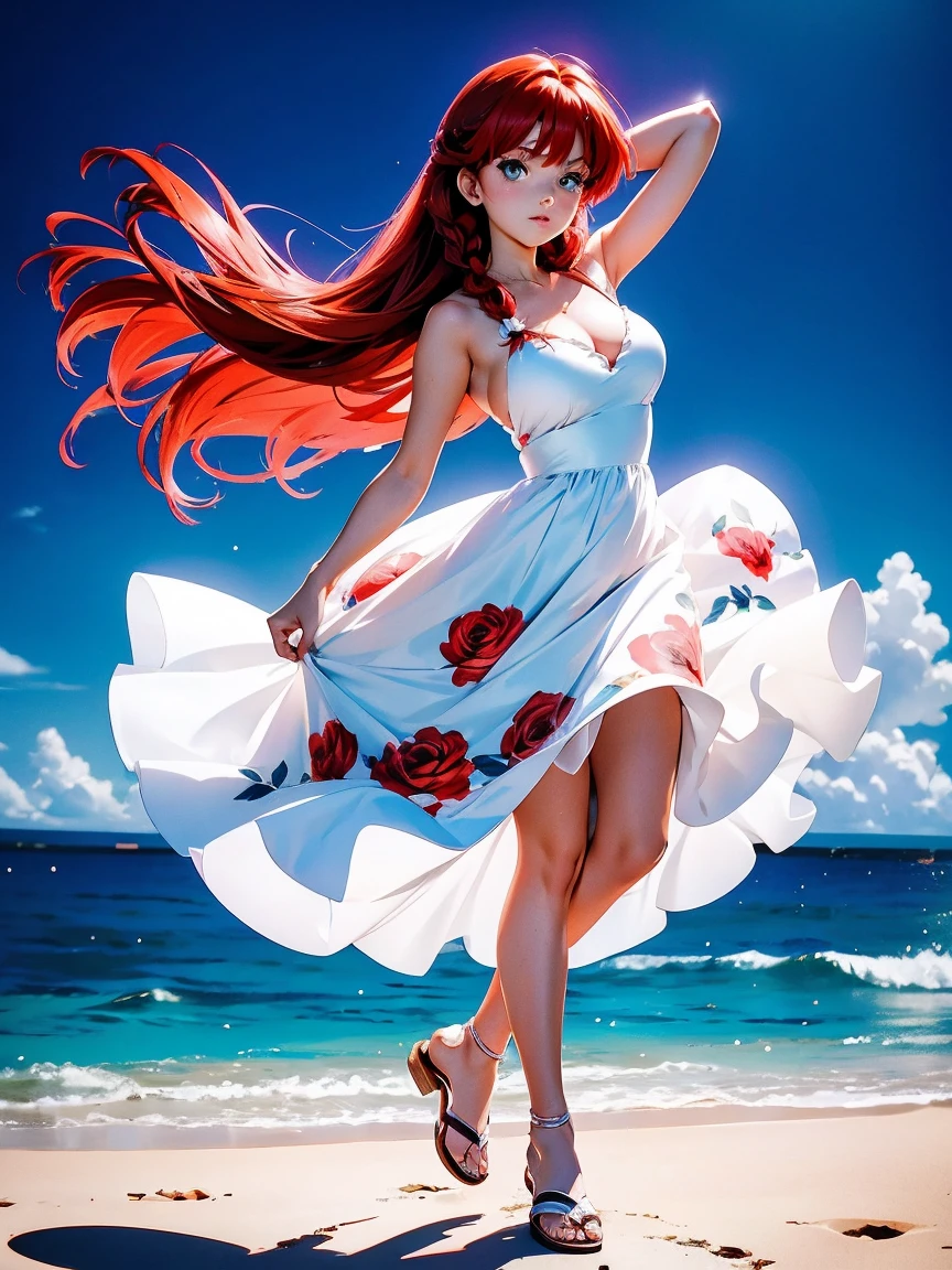 Garota anime ruiva com vestido longo branco com desenho de rosas casamento, saia, , corpo bonito, seios grandes, with hands behind head, running your hands through your hair, Garota sexy, red hair with braid , beautiful lighting, sombras suaves, olhos azuis, pernas bonitas, hair with braid, estilo anime, Ranma Chan, Autora Rumiko Takahashi, Baseado em obra de Rumiko Takahashi, Anime Ranma 1/ 2, decote sexy, quadril robusto, corpo inteiro, corpo inteiro, busto grande, garota jovem com corpo belo e bonito, sandals on his feet, garota 16 anosbaixa estatura, usando vestido longo branco com desenhos de rosas, estampa florida, vestido com arte florida de rosas, garota anime, estilo anime, beautiful feet in sandals, 45° viewing angle, ao ar livre, vestido com estampa florida rosas, vestido estampado flor rosa