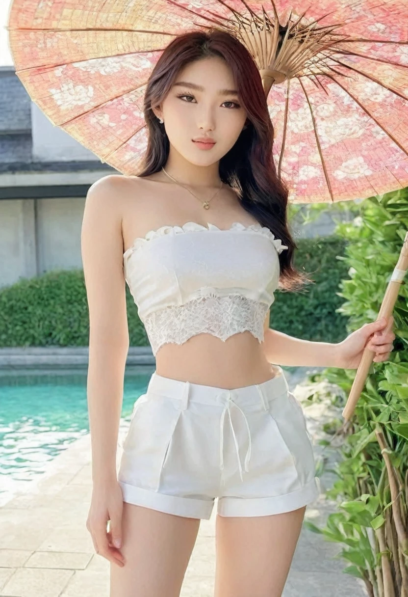 ((Best high quality:1.2)), (8k), extremely detailed, ((High detail:1.2)), (HotLexi woman), Solo, (18 years old Japanese female), (mini-shorts, cropped strapless), BREAK, ((pretty perfect korean model:1.4)),