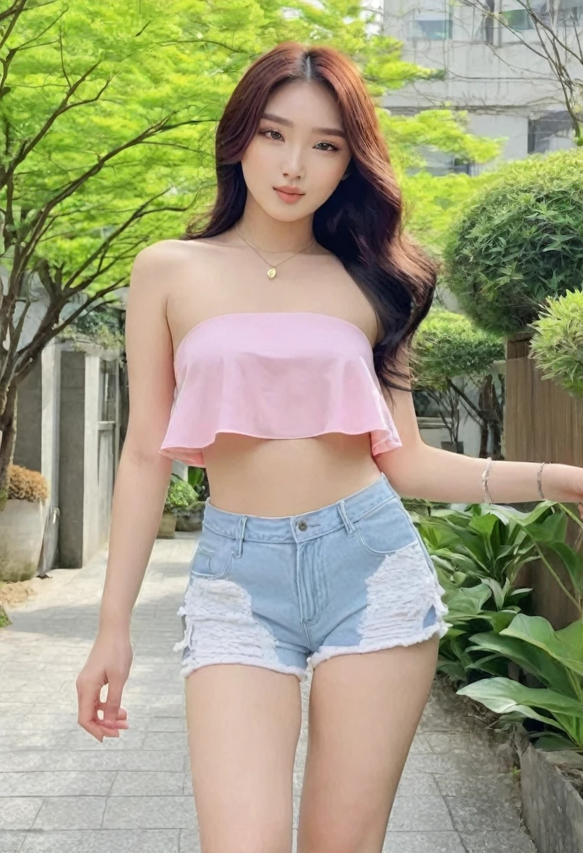 ((Best high quality:1.2)), (8k), extremely detailed, ((High detail:1.2)), (HotLexi woman), Solo, (18 years old Japanese female), (mini-shorts, cropped strapless), BREAK, ((pretty perfect korean model:1.4)),