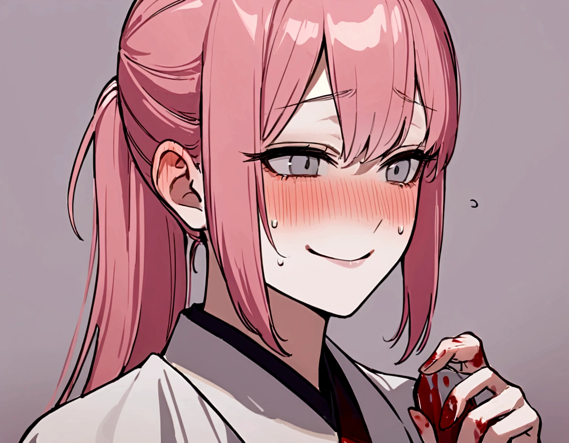 make me a female, pink hair, ponytail, grey eyes, she's blushing, she has an obsessive smile, she's holding a bloody knife, she's covered in blood, she has a japanese