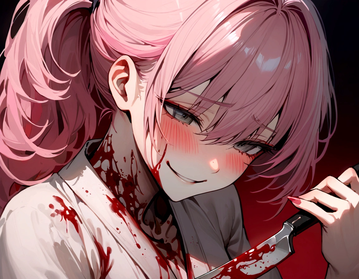 make me a female, pink hair, ponytail, grey eyes, she's blushing, she has an obsessive smile, she's holding a bloody knife, she's covered in blood, she has a japanese 