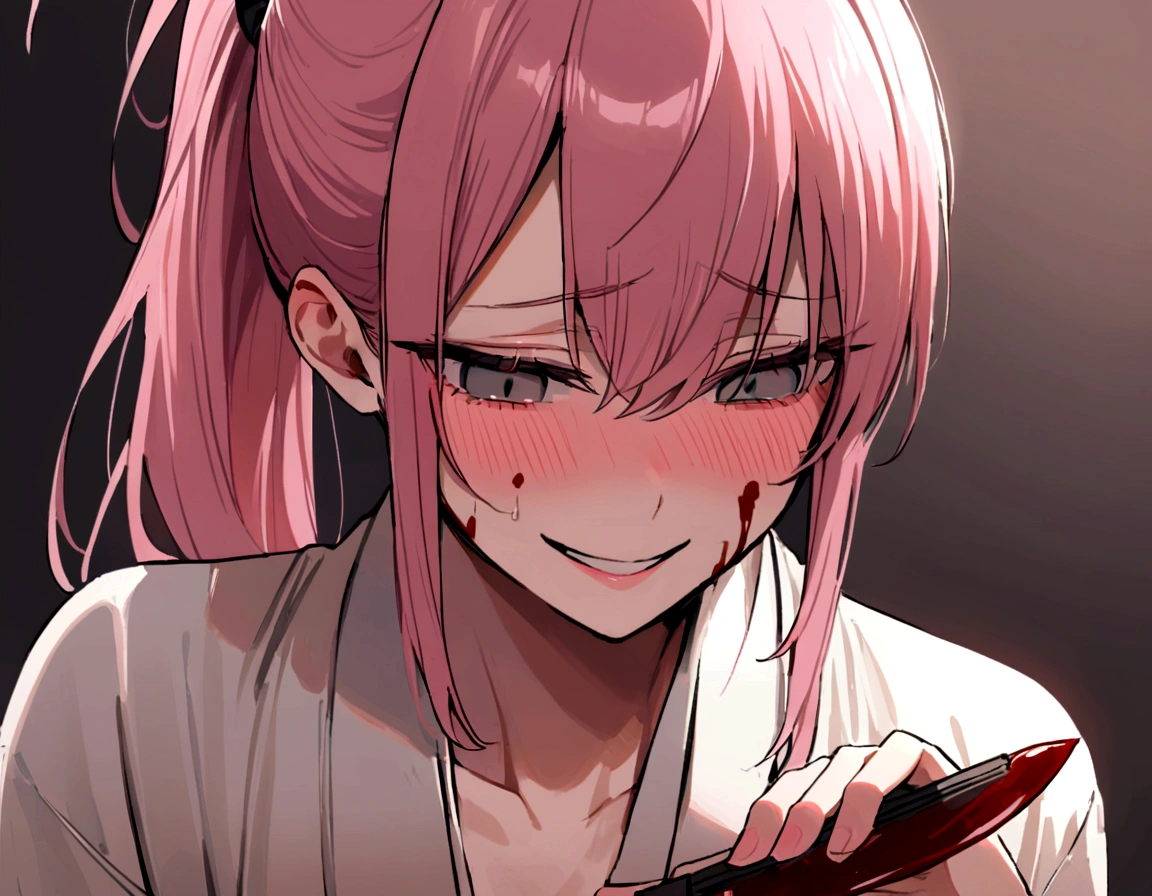 make me a female, pink hair, ponytail, grey eyes, she's blushing, she has an obsessive smile, she's holding a bloody knife, she's covered in blood, she has a japanese