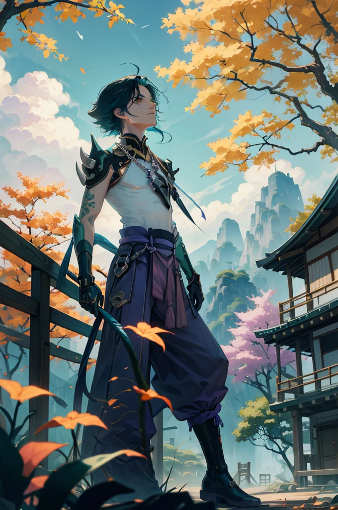 1 adult male solo,xiao \(genshin impact\), 1boy, male focus, short dark teal hair, yellow eyes, white sleeveless shirt, necklace, green tattoo on arm, detached white sleeve, black gloves, wide blue pants, black boots, pink and purple clothes details, black shoulder armor with spikes, outside, chinese mountains, yellow autumn trees, tree leaf falling, windy weather, dramatic light, movie poster style, cinematic shot, book cover, epic