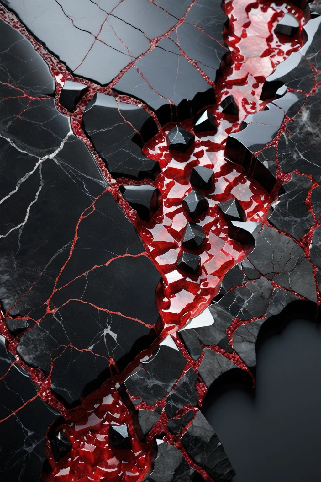 a beautiful abstract image of fractured black marble with red ruby shards embedded in between the cracks, highly detailed, intricate design, marble material, BY Anne Bachelier,