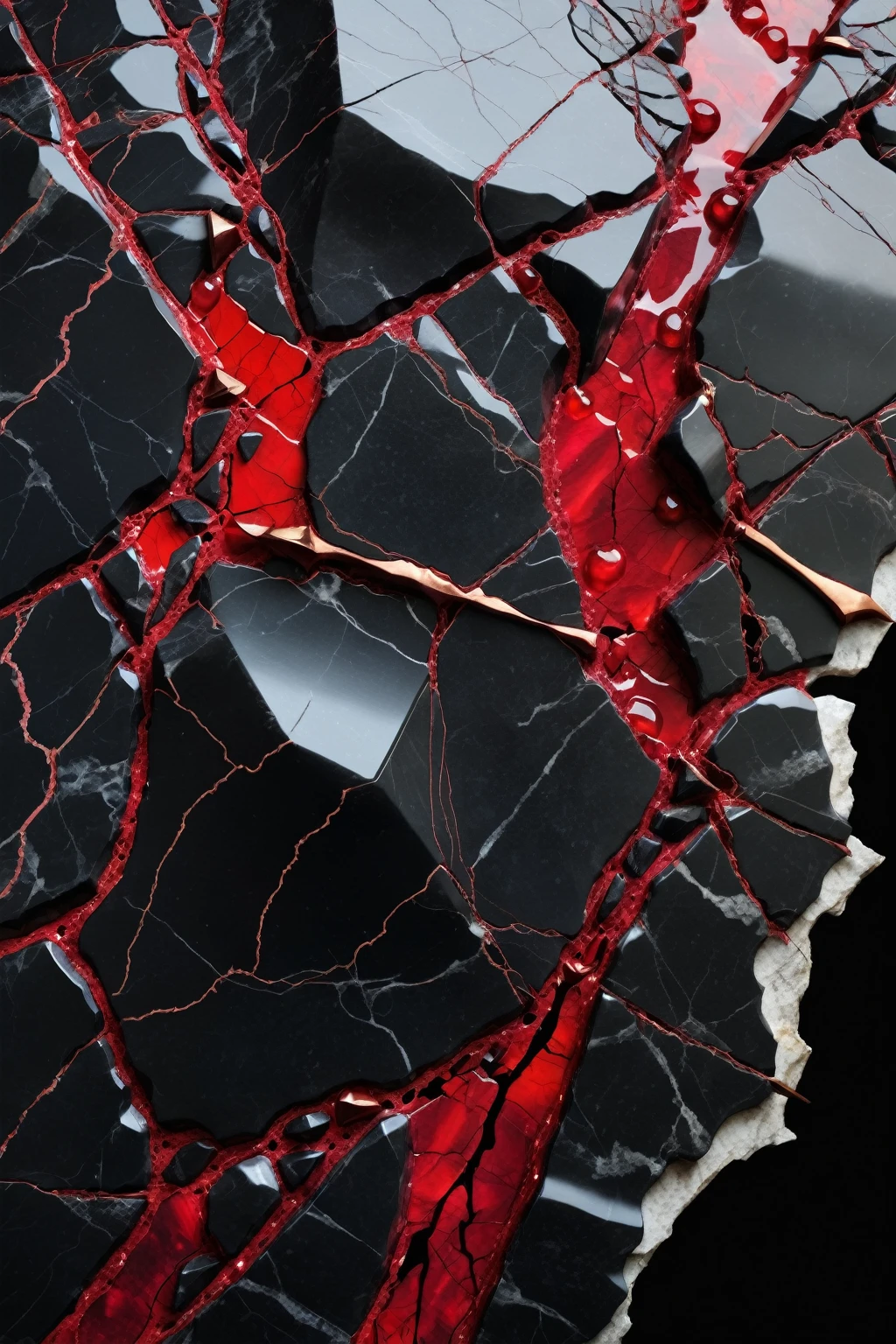 a beautiful abstract image of cracked black marble with red ruby shards bursting out from the cracks, highly detailed, intricate design, marble material, BY Anne Bachelier,