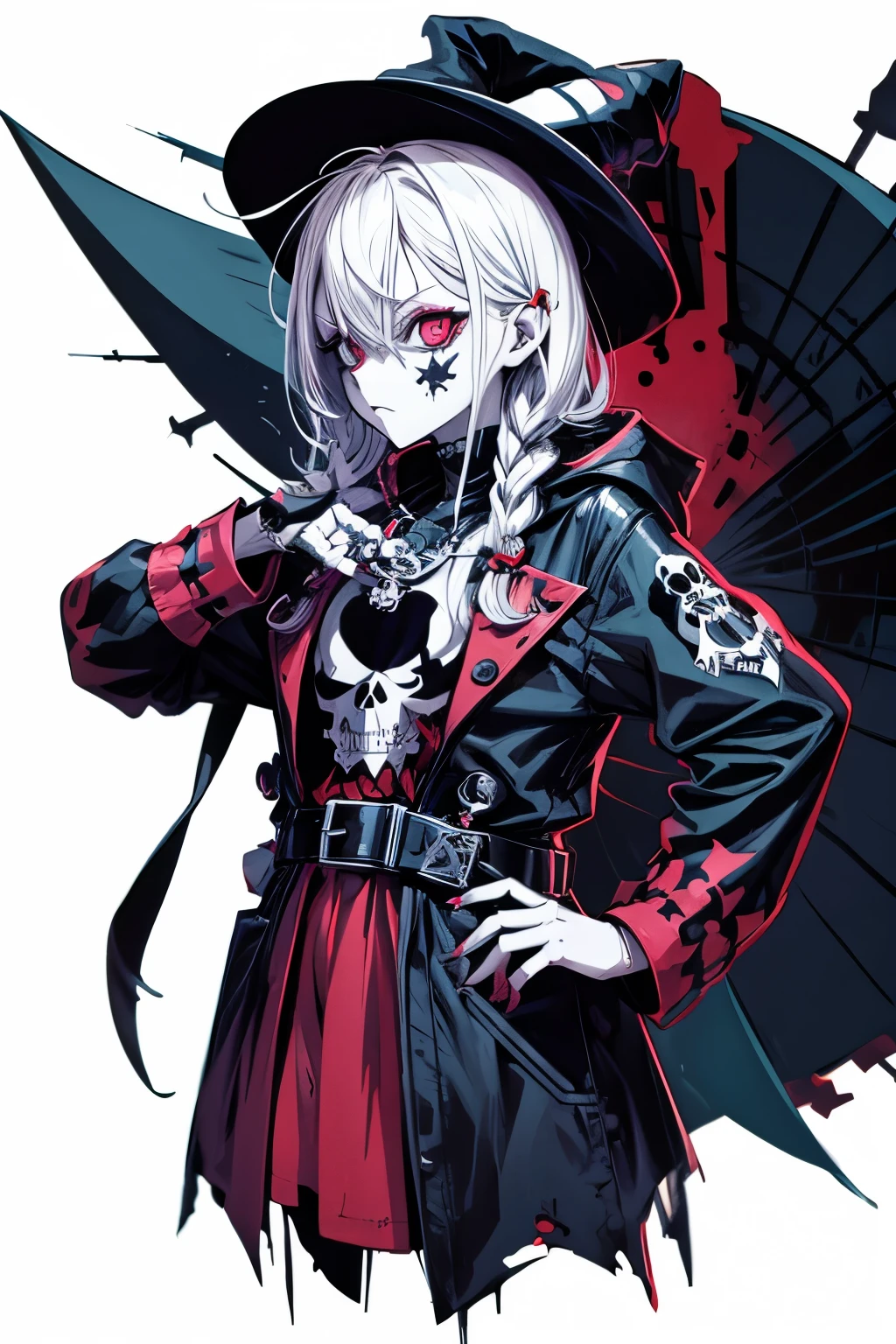 anime zombie witch design, crossbones, skulls, street wear design, pro vector, Horror style, full design, 6 colors only, solid colors, no shadows, full design, sticker, bright colors, white background.