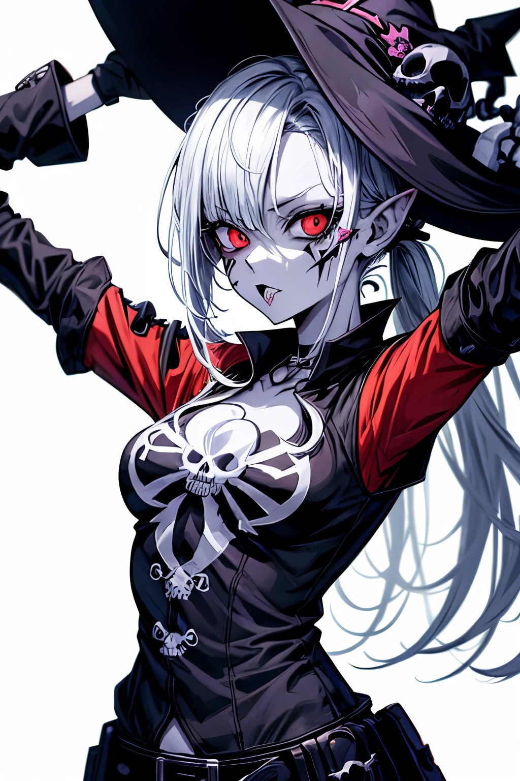 anime zombie witch design, crossbones, skulls, street wear design, pro vector, Horror style, full design, 6 colors only, solid colors, no shadows, full design, sticker, bright colors, white background.