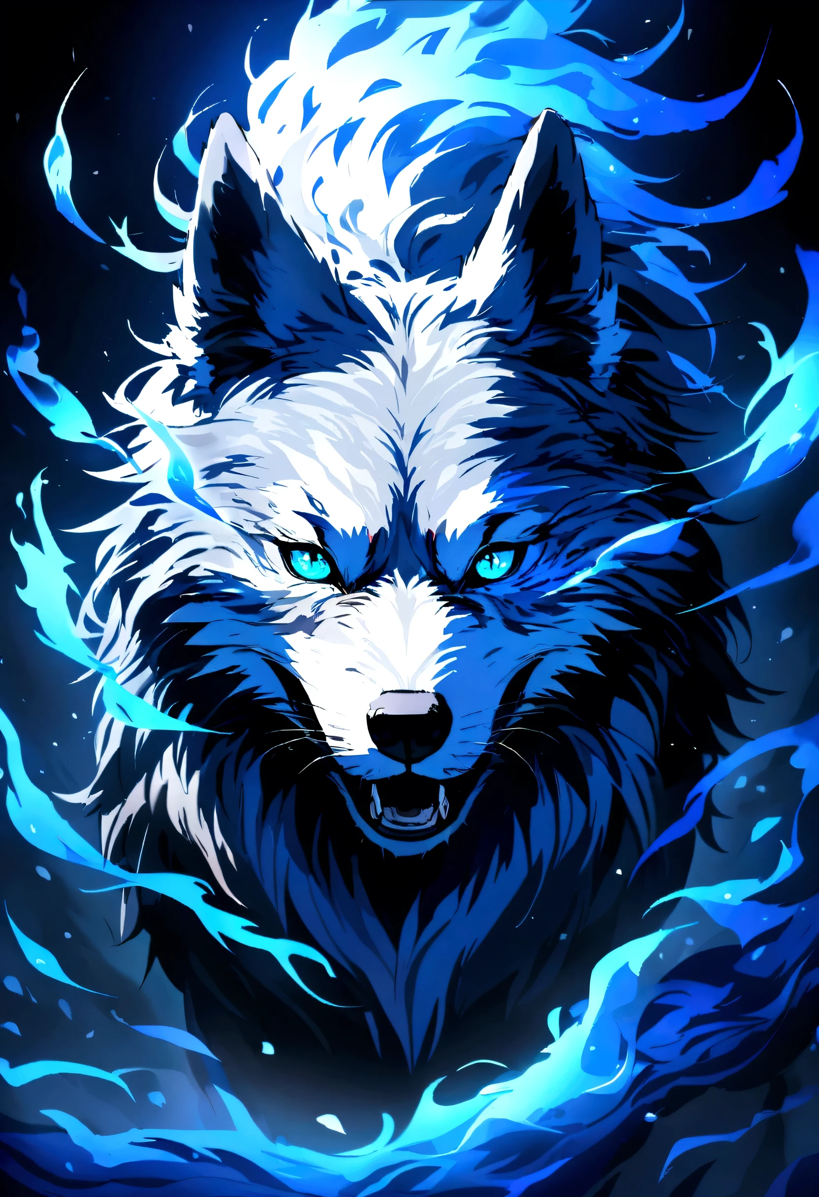 Create a detailed image of a wolf with blue fur. The wolf should be surrounded by flames that are also blue, as if its body is imbued with blue fire. The flames should look natural and blend harmoniously with the wolf's fur. The wolf's expression should be fierce and imposing, with bright eyes that highlight its powerful nature. The background of the image should be a dark setting to contrast with the blue flames' glow.
