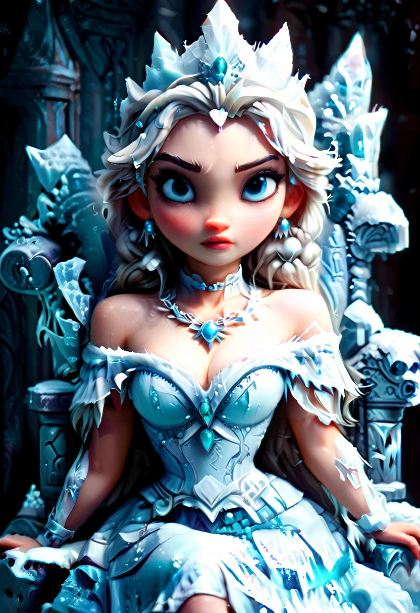 Arafed a picture of a frozen throne for an ice goddess, the goddess is sitting on her icy throne, wearing white and blue royal dress, glamorous dress, dynamic hair, bold intense eyes, extremely exquisite beautiful queen, perfect body, (anatomically correct: 1.3), ultra feminine, ultra detailed face, dark blue lips, azure glowing eyes, she sits on a (throne made from ice: 1.3) of regality, and might, throne carved from ice , legendary symmetric design, with (many carvings in the ice: 1.3), dynamic caevings on the handles decorated with (diamonds: 1.1), and (blue gems: 1.1), fantasy ice goddess hall room background, (masterpiece: 1.4) intense details, highly detailed, photorealistic, best quality, highres,16k, (ultra detailed:1.3(, masterpiece, best quality, (extremely detailed), close up, ultra wide shot, photorealistic, RAW, fantasy art, dnd art, fantasy art, realistic art,((best quality)), ((masterpiece)), (detailed: 1.5), ral-ntrgmstn, faize, IceMagicAI