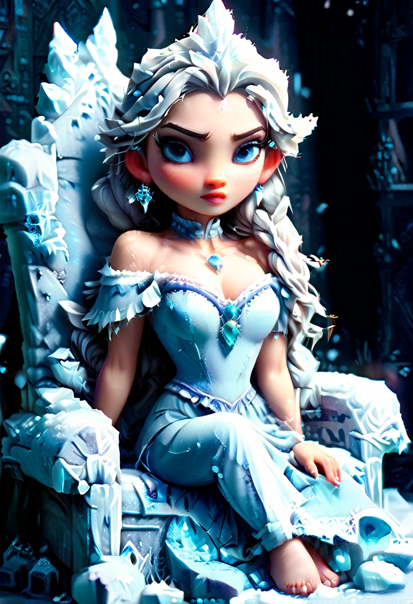 Arafed a picture of a frozen throne for an ice goddess, the goddess is sitting on her icy throne, wearing white and blue royal dress, glamorous dress,  dynamic hair, bold intense eyes, extremely exquisite beautiful queen, perfect body, (anatomically correct: 1.3), ultra feminine, ultra detailed face, dark blue  lips, azure glowing eyes, she sits on a (throne made from ice: 1.3) of regality, and might, throne carved from ice , legendary symmetric design, with (many carvings in the ice: 1.3), dynamic caevings on the handles decorated with (diamonds: 1.1), and (blue gems: 1.1), fantasy ice goddess hall room background, (masterpiece: 1.4) intense details, highly detailed, photorealistic, best quality, highres,16k, (ultra detailed:1.3(, masterpiece, best quality, (extremely detailed), close up, ultra wide shot, photorealistic, RAW, fantasy art, dnd art, fantasy art, realistic art,((best quality)), ((masterpiece)), (detailed: 1.5), ral-ntrgmstn, faize, IceMagicAI