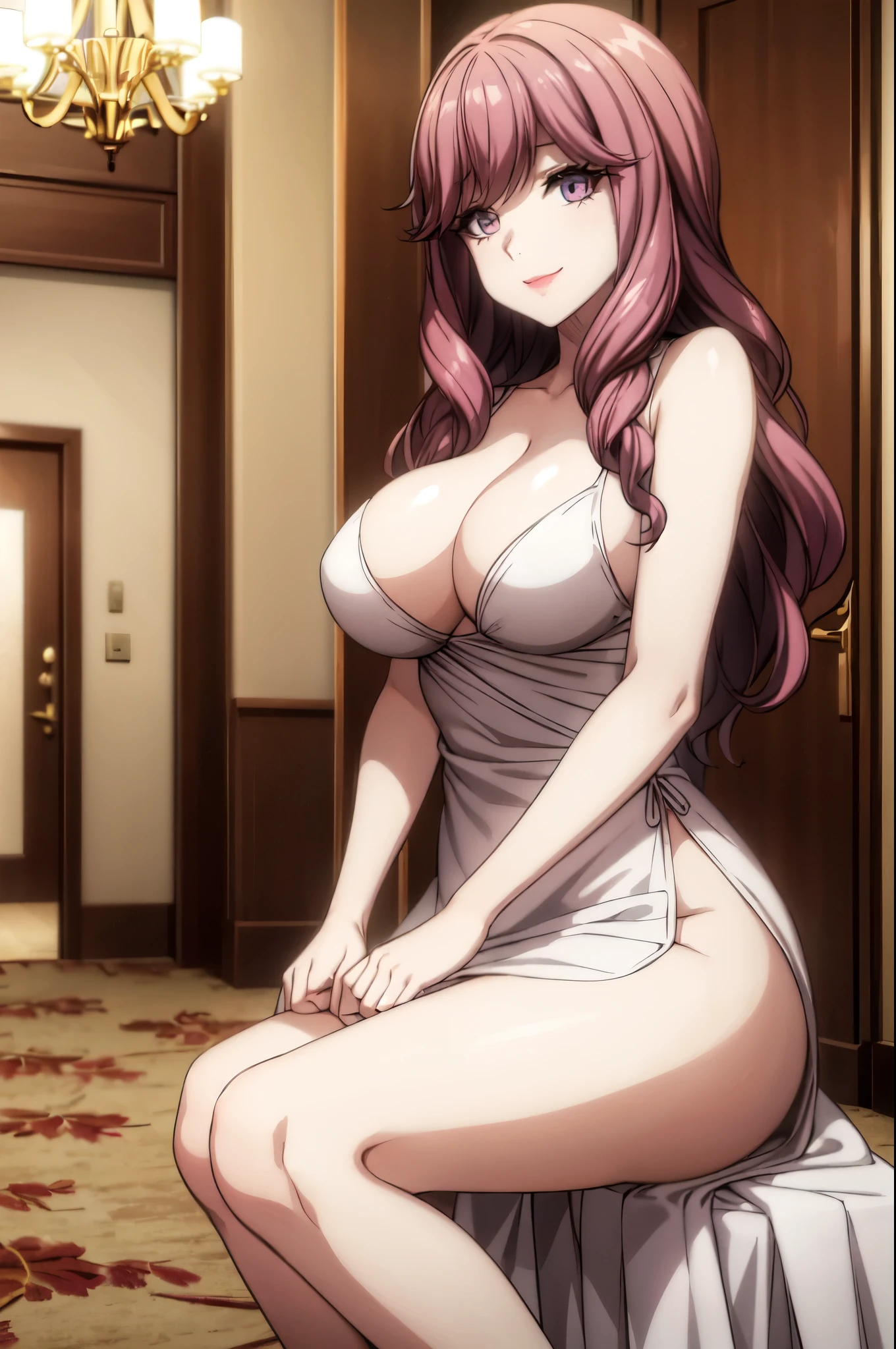 perfect eyes:1.2, detailed eyes:1.4, hall, smile, chandelier, sitting, Kurayoshi_R, cleavage, large breasts, ass, white dress, pelvic curtain, long dress, medium full shot, thigh-level shot, 1girl,(masterpiece:1.6, best quality),