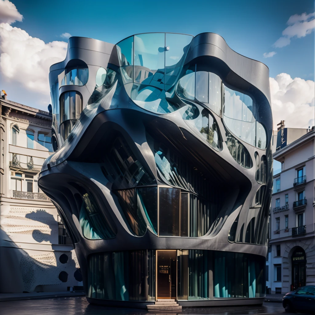 anciant rome forum building build in the rocks on the mountain with modern architecture details, dark gray colors of buildings modern details
